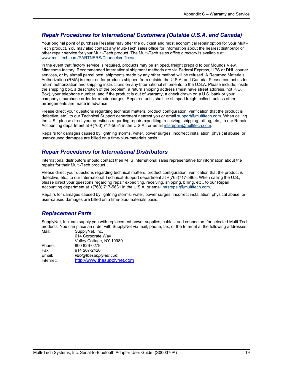 Repair procedures for international distributors, Replacement parts | Multi-Tech Systems MTS2BTA User Manual | Page 19 / 20