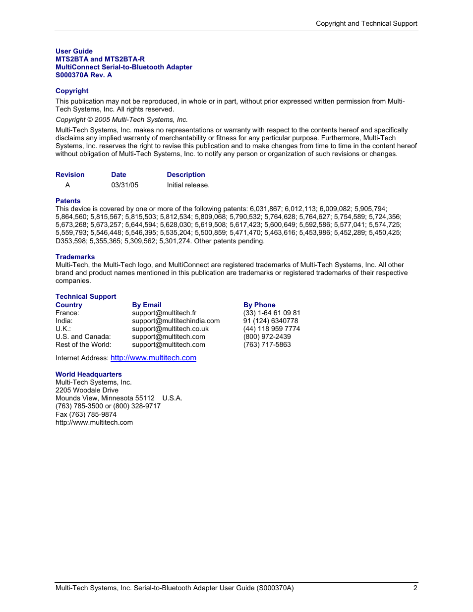 Multi-Tech Systems MTS2BTA User Manual | Page 2 / 20