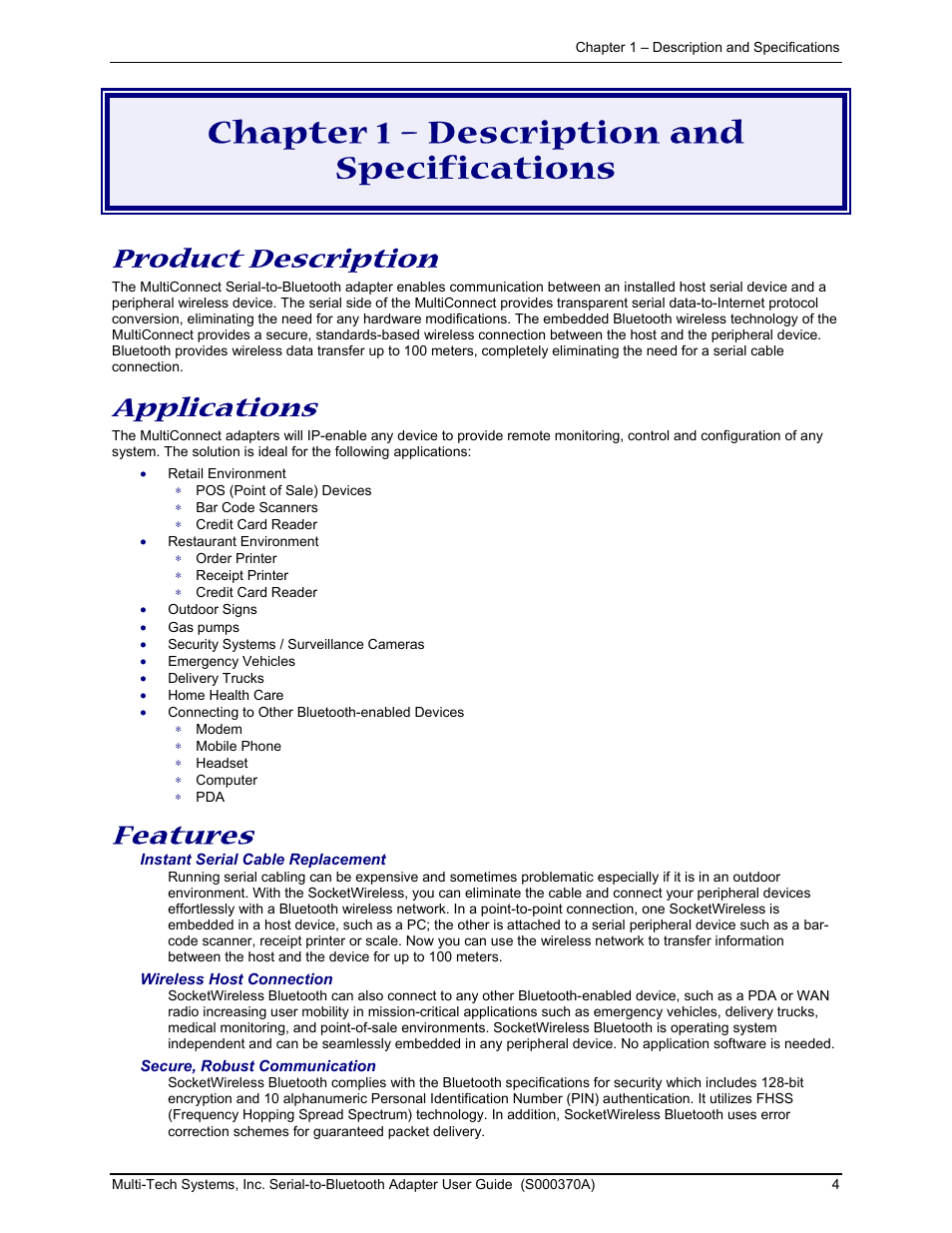 Chapter 1 – description and specifications, Product description, Applications | Features | Multi-Tech Systems MTS2BTA User Manual | Page 4 / 20