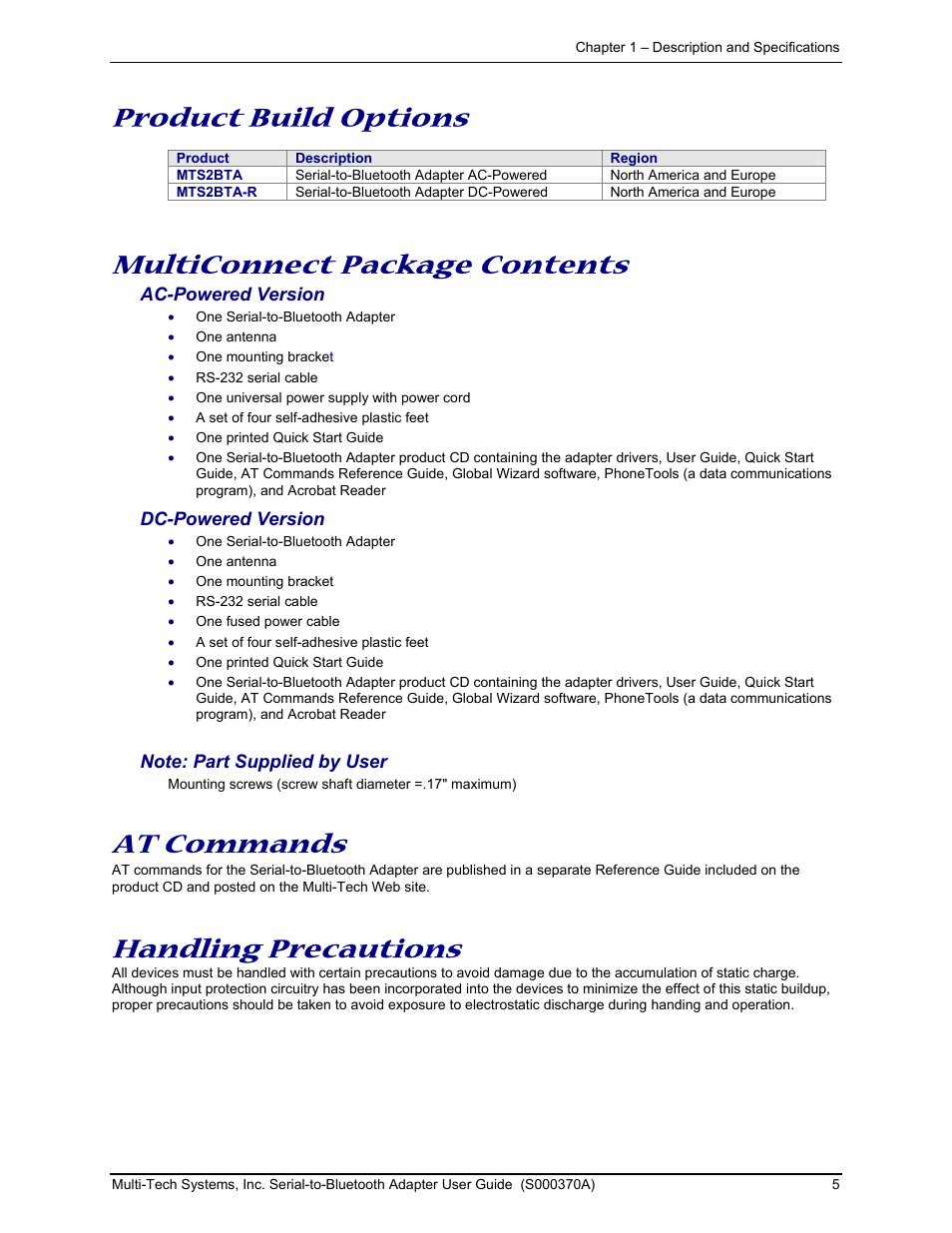 Product build options, Multiconnect package contents, At commands | Handling precautions | Multi-Tech Systems MTS2BTA User Manual | Page 5 / 20