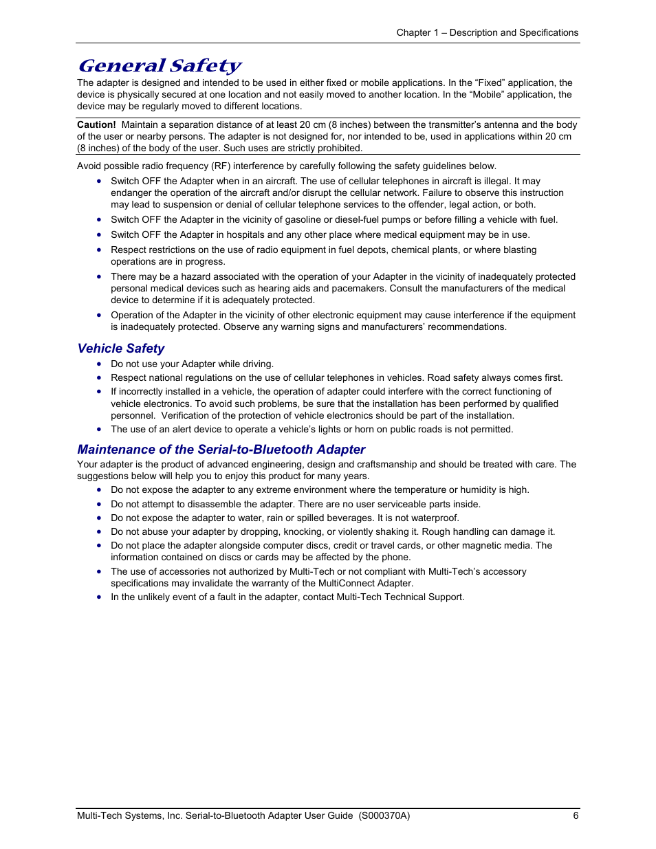 General safety | Multi-Tech Systems MTS2BTA User Manual | Page 6 / 20