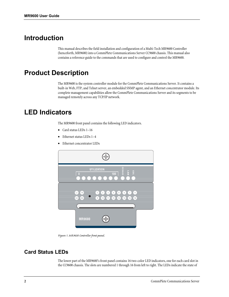 Introduction, Product description, Led indicators | Card status leds | Multi-Tech Systems MR9600 User Manual | Page 10 / 86