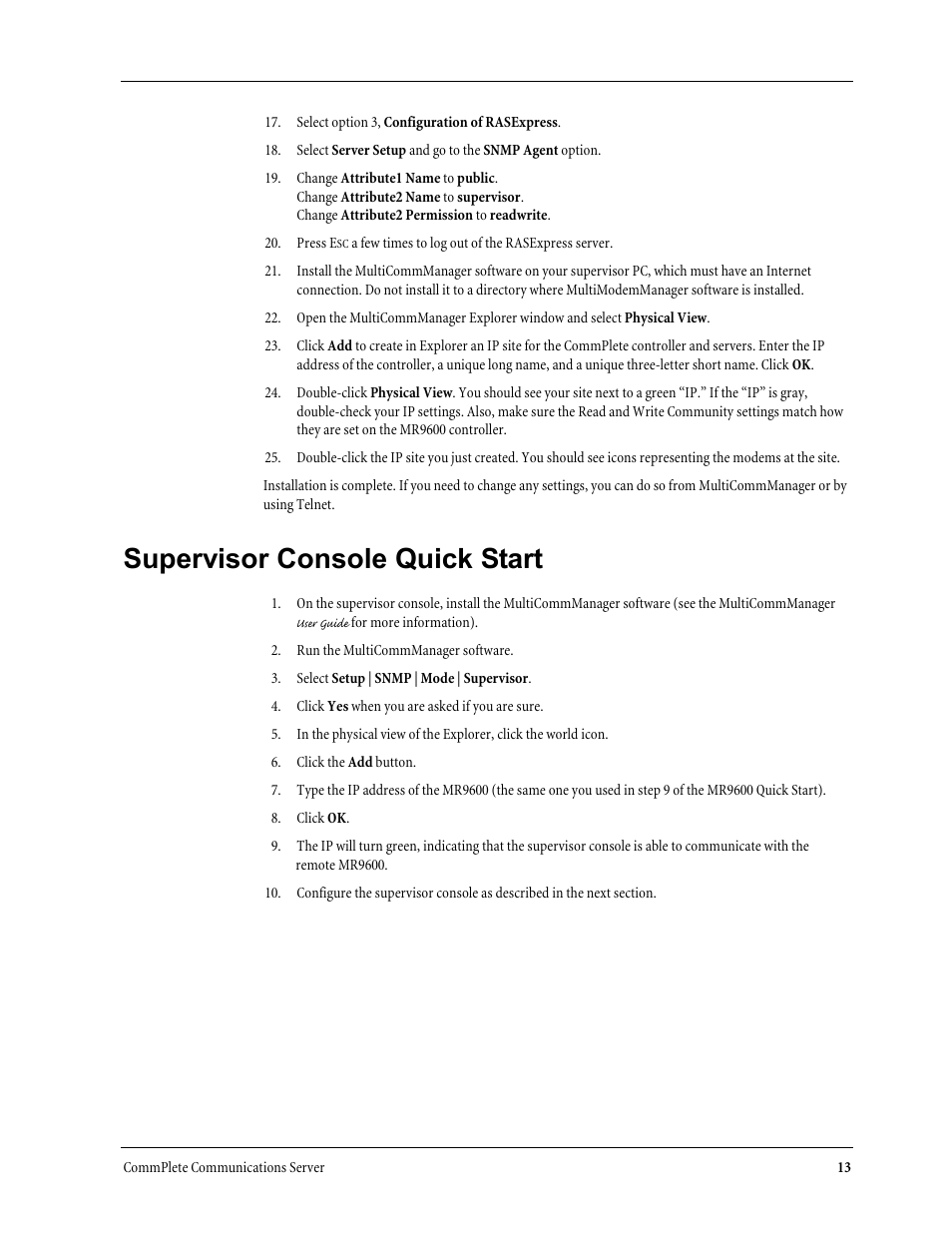 Supervisor console quick start | Multi-Tech Systems MR9600 User Manual | Page 21 / 86