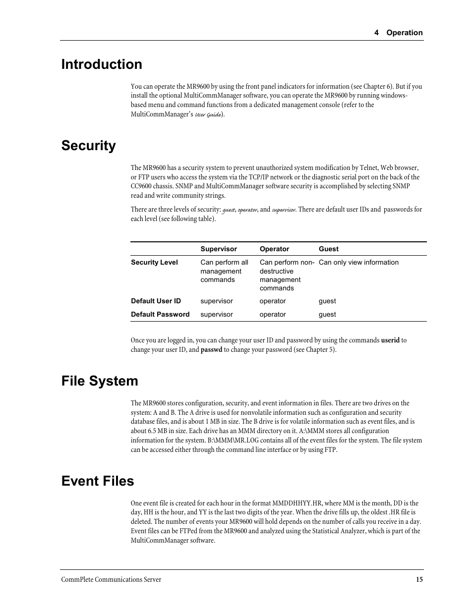 Introduction, Security, File system | Event files | Multi-Tech Systems MR9600 User Manual | Page 23 / 86