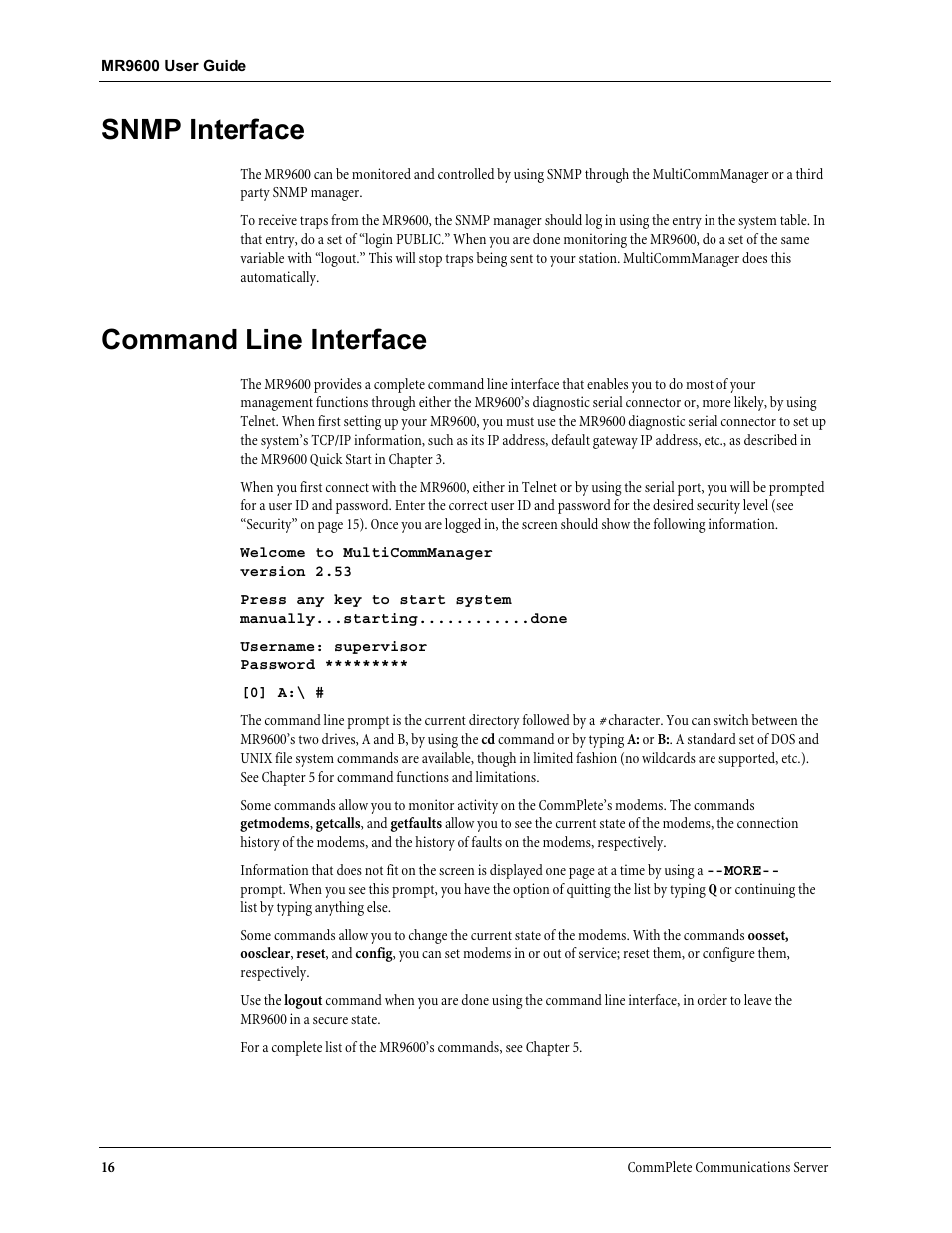 Snmp interface, Command line interface | Multi-Tech Systems MR9600 User Manual | Page 24 / 86