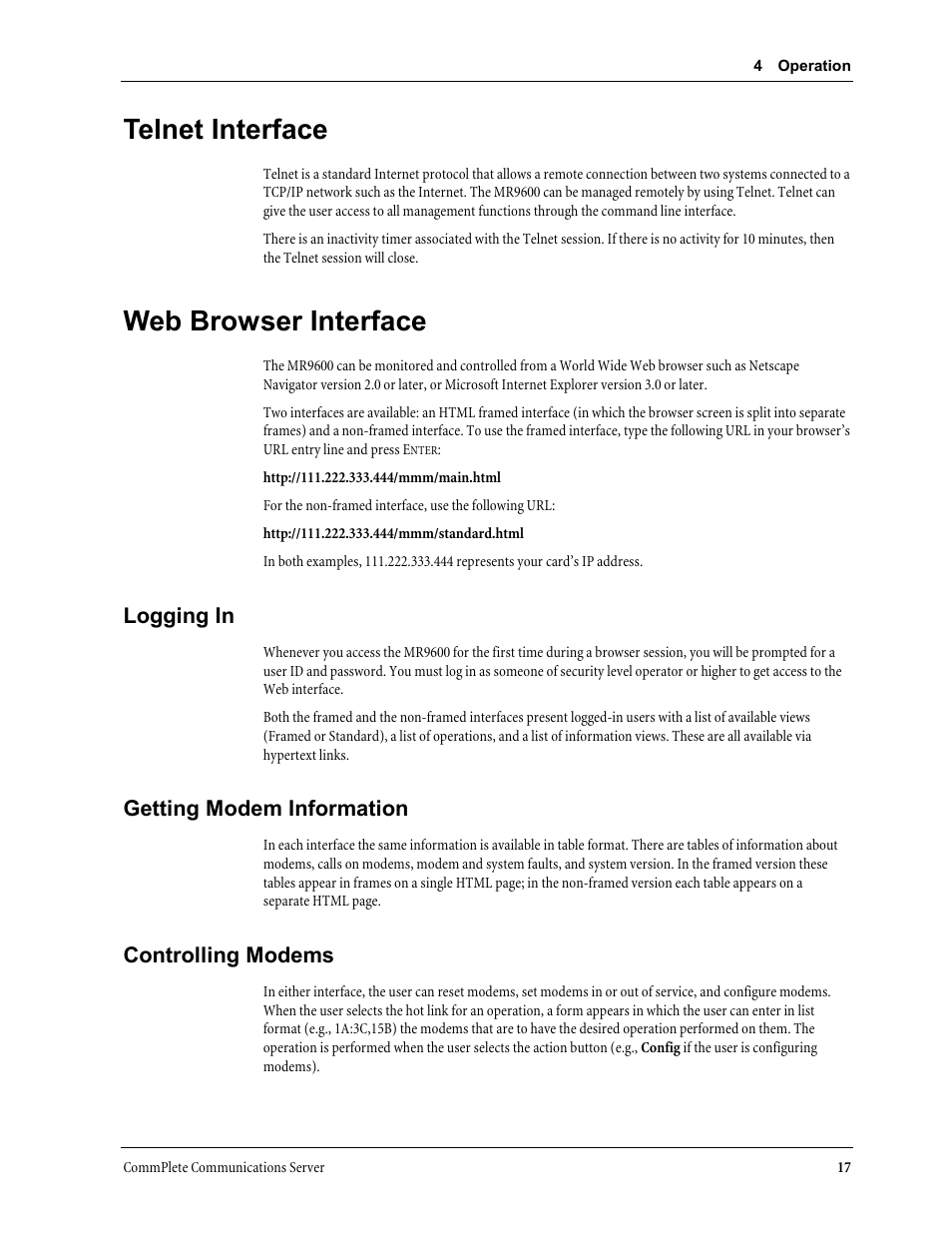 Telnet interface, Web browser interface, Logging in | Getting modem information, Controlling modems | Multi-Tech Systems MR9600 User Manual | Page 25 / 86