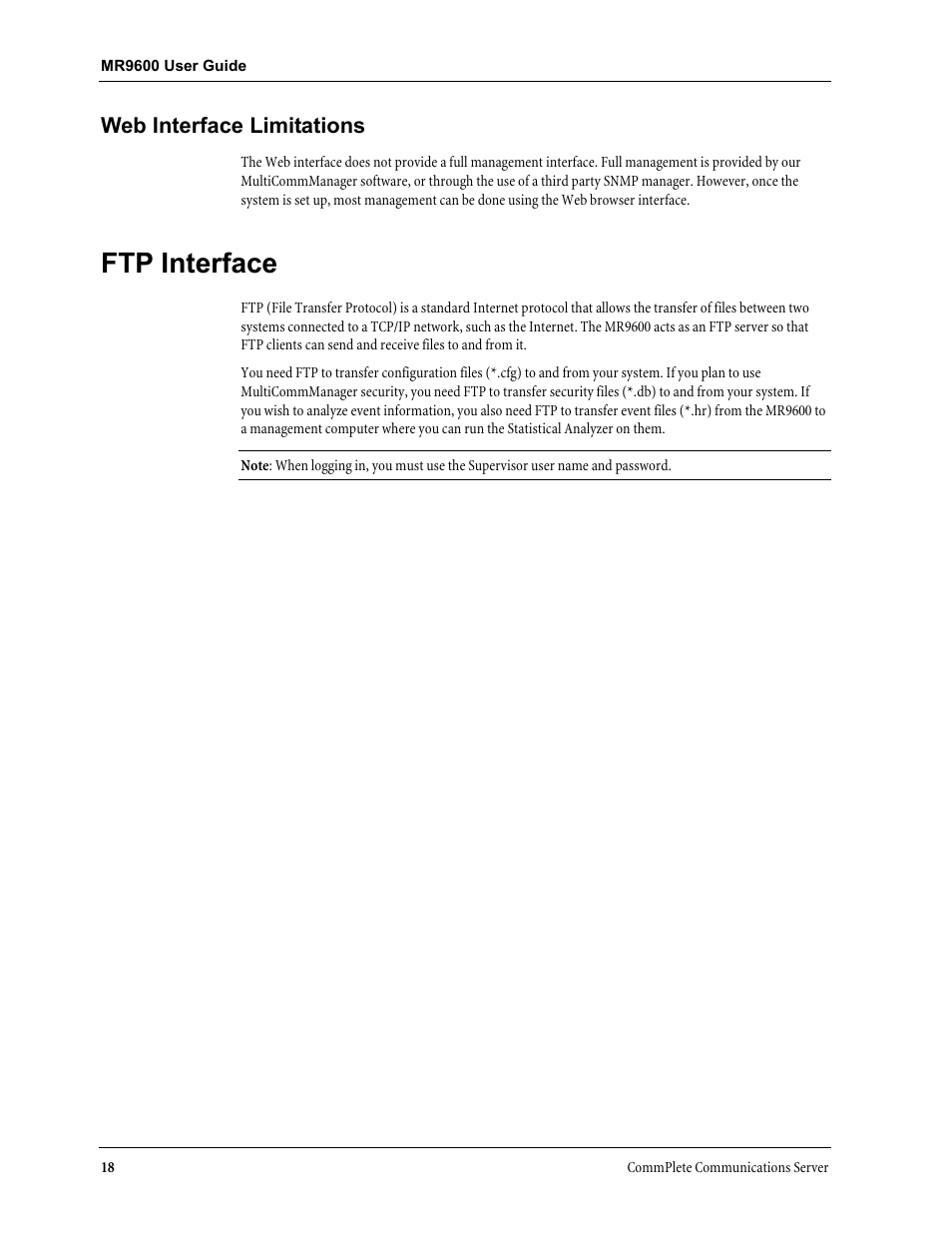 Web interface limitations, Ftp interface | Multi-Tech Systems MR9600 User Manual | Page 26 / 86