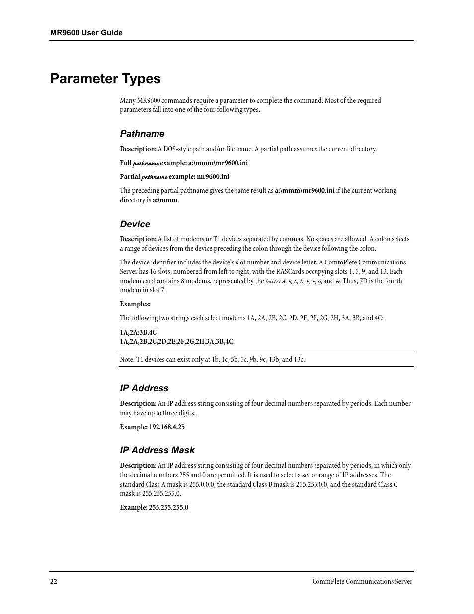 Parameter types | Multi-Tech Systems MR9600 User Manual | Page 30 / 86