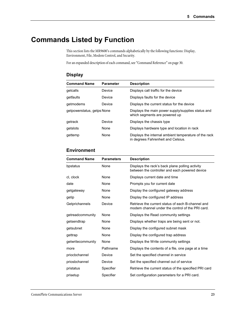 Commands listed by function, Display, Environment | Multi-Tech Systems MR9600 User Manual | Page 31 / 86