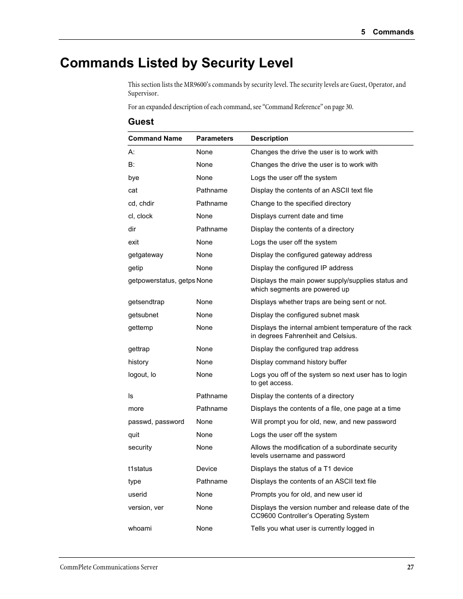 Commands listed by security level, Guest | Multi-Tech Systems MR9600 User Manual | Page 35 / 86