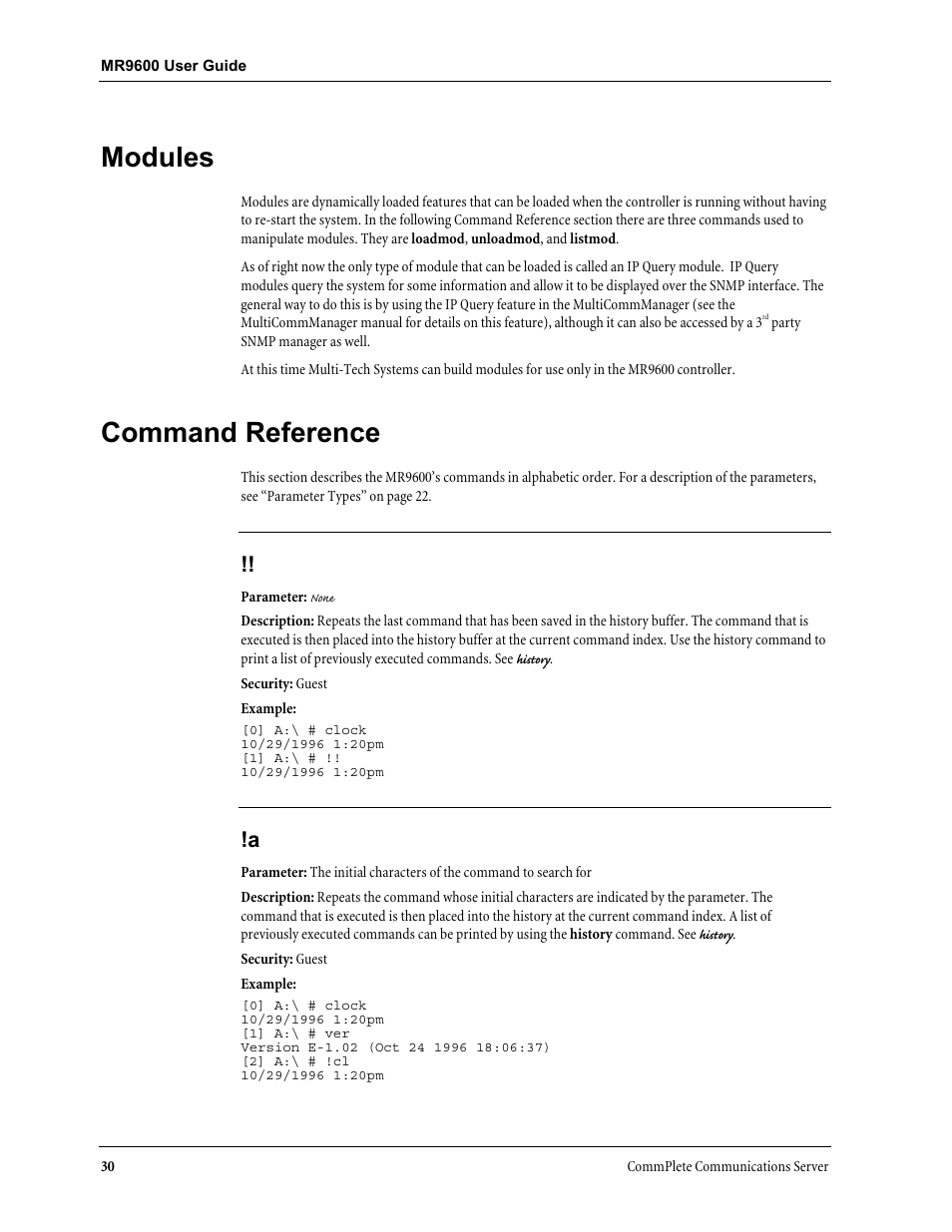 Modules, Command reference | Multi-Tech Systems MR9600 User Manual | Page 38 / 86
