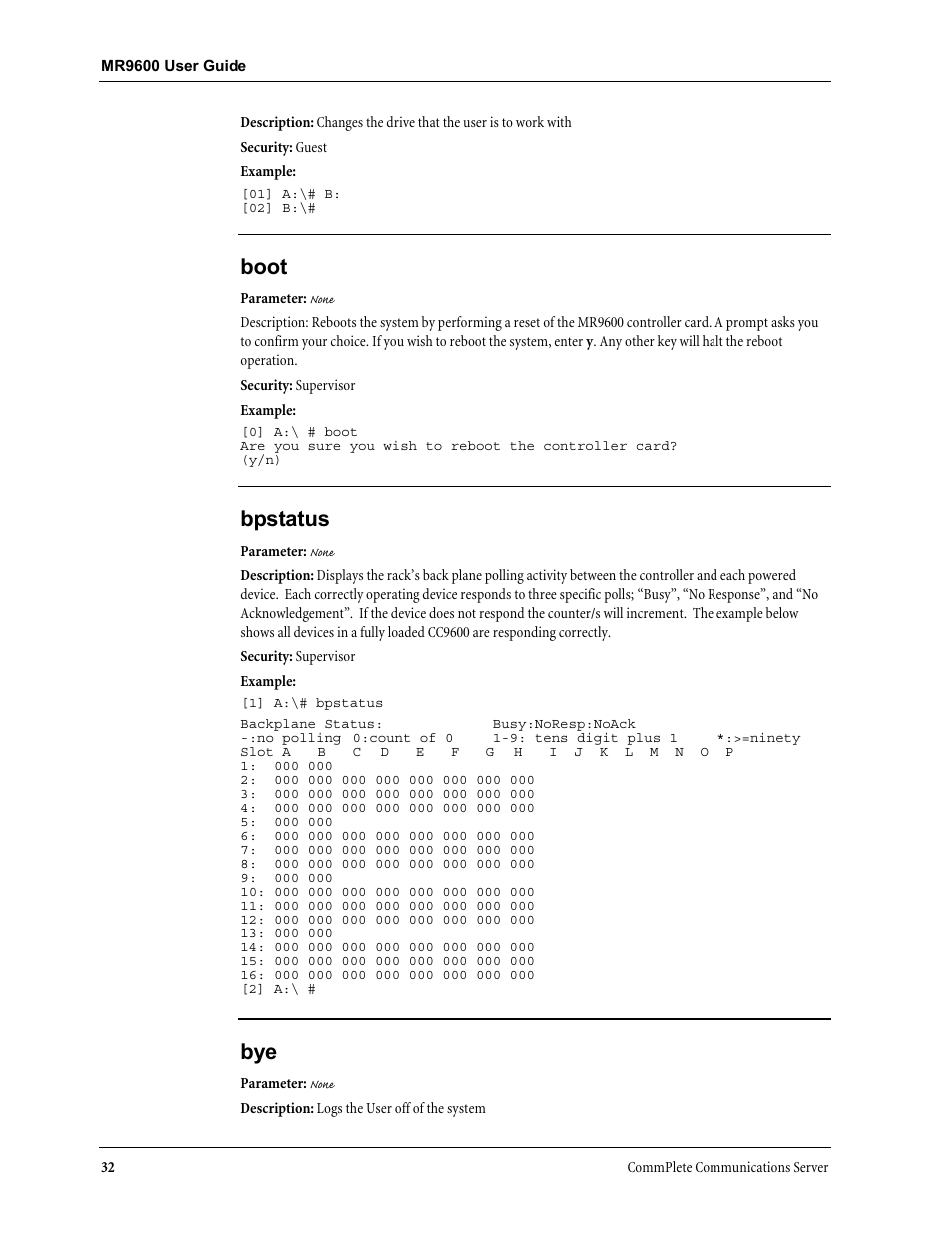 Boot, Bpstatus | Multi-Tech Systems MR9600 User Manual | Page 40 / 86