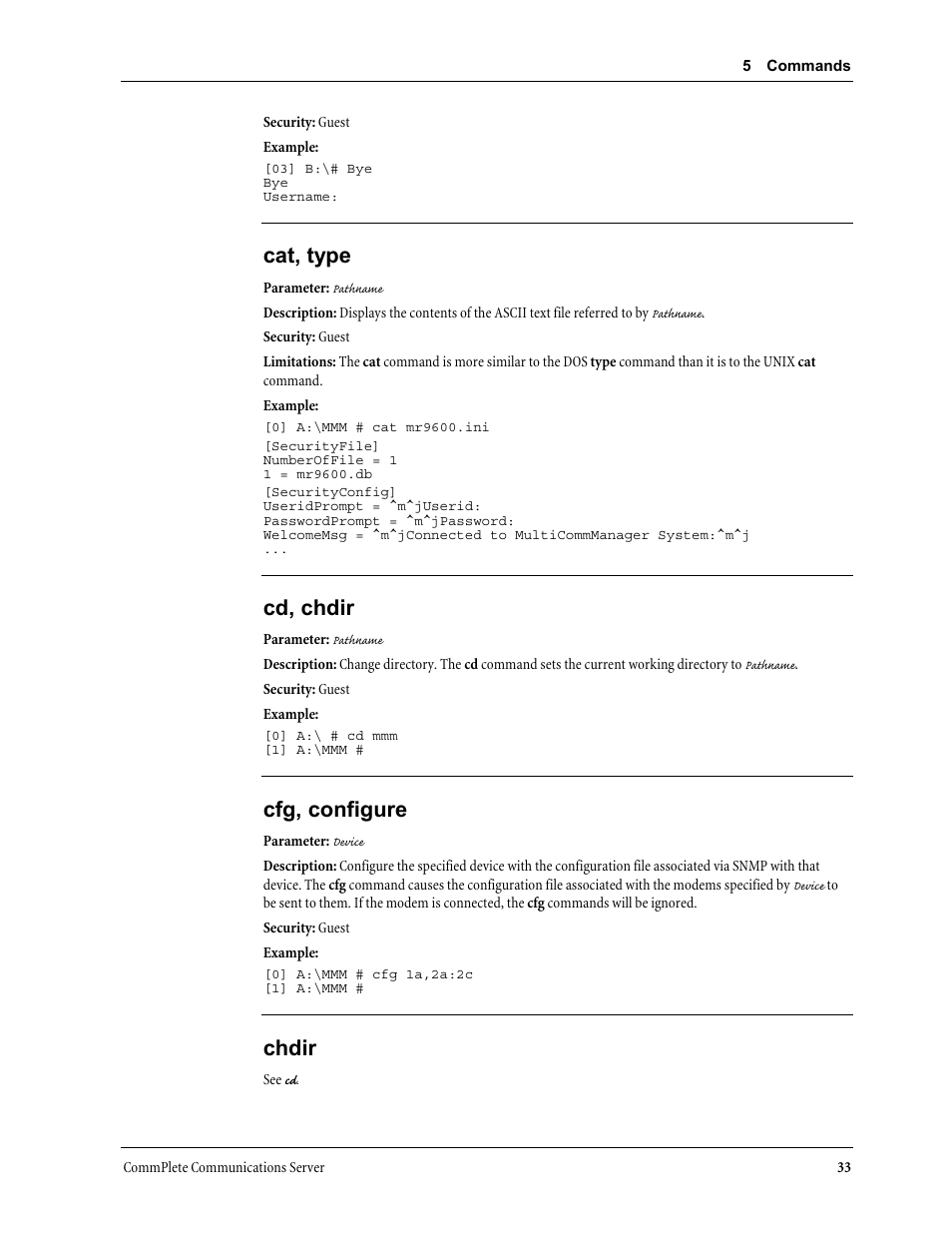 Cat, type, Cd, chdir, Cfg, configure | Chdir | Multi-Tech Systems MR9600 User Manual | Page 41 / 86