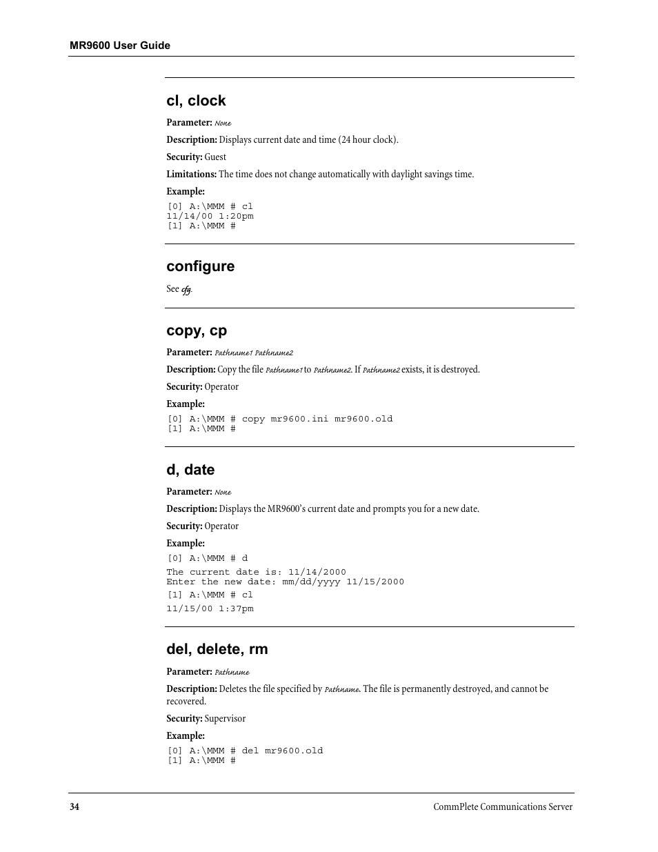 Cl, clock, Configure, Copy, cp | D, date, Del, delete, rm | Multi-Tech Systems MR9600 User Manual | Page 42 / 86