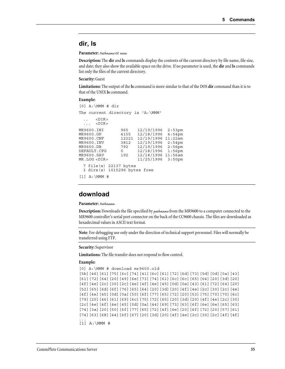 Dir, ls, Download | Multi-Tech Systems MR9600 User Manual | Page 43 / 86