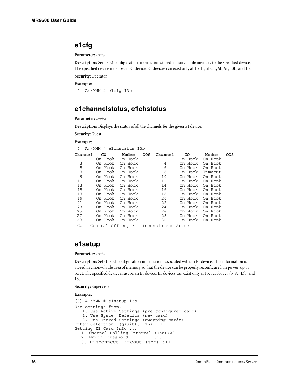 E1cfg, E1channelstatus, e1chstatus, E1setup | Multi-Tech Systems MR9600 User Manual | Page 44 / 86