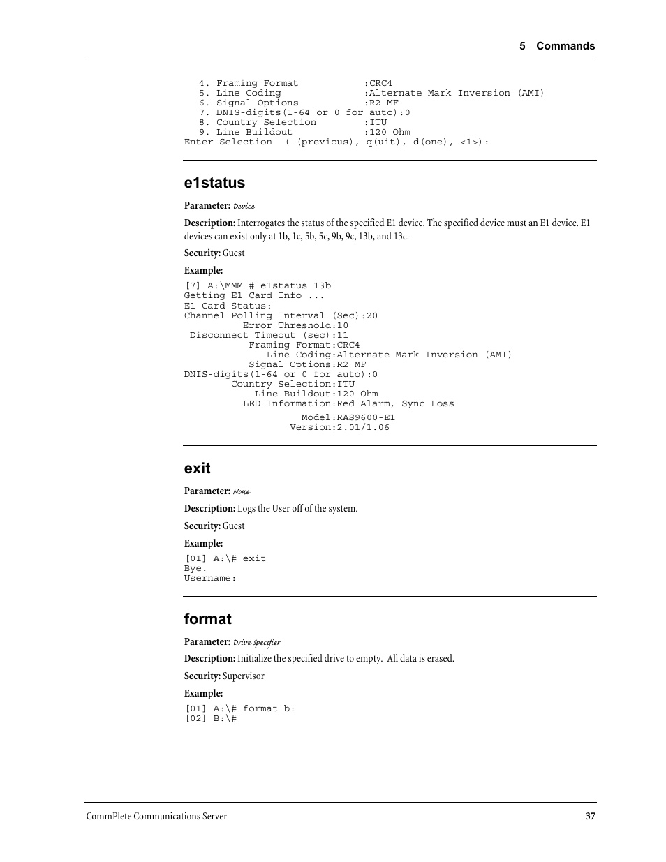 E1status, Exit, Format | Multi-Tech Systems MR9600 User Manual | Page 45 / 86