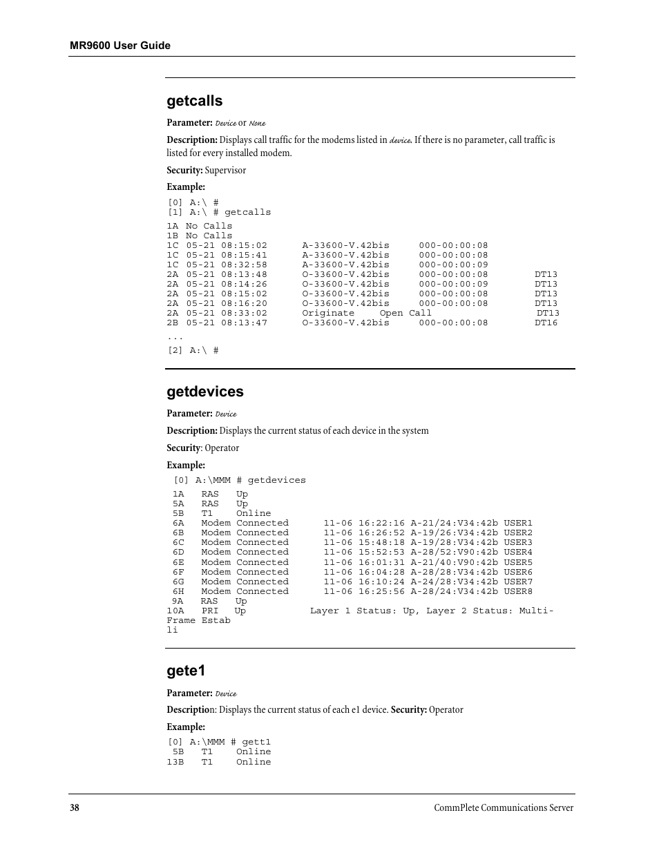 Getcalls, Getdevices, Gete1 | Multi-Tech Systems MR9600 User Manual | Page 46 / 86