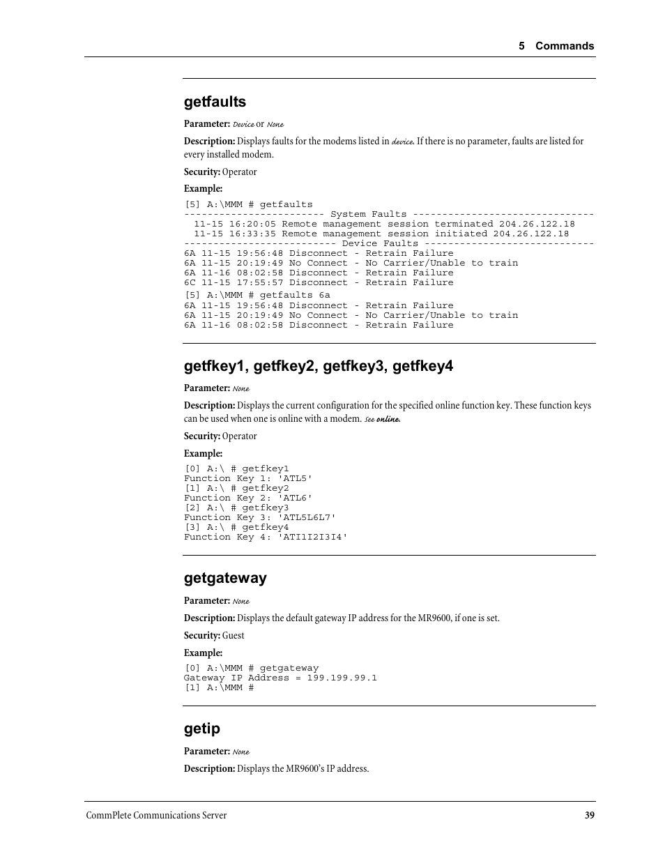 Getfaults, Getfkey1, getfkey2, getfkey3, getfkey4, Getgateway | Getip | Multi-Tech Systems MR9600 User Manual | Page 47 / 86