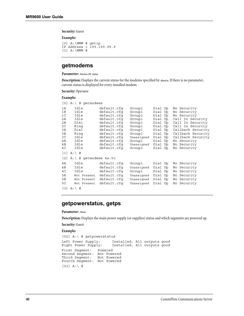 Getmodems, Getpowerstatus, getps | Multi-Tech Systems MR9600 User Manual | Page 48 / 86