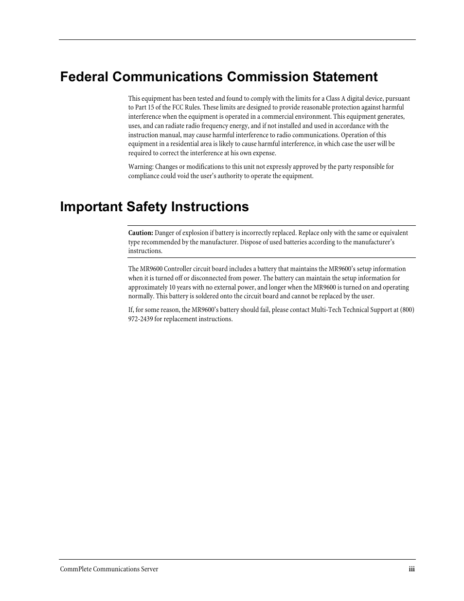 Federal communications commission statement, Important safety instructions | Multi-Tech Systems MR9600 User Manual | Page 5 / 86