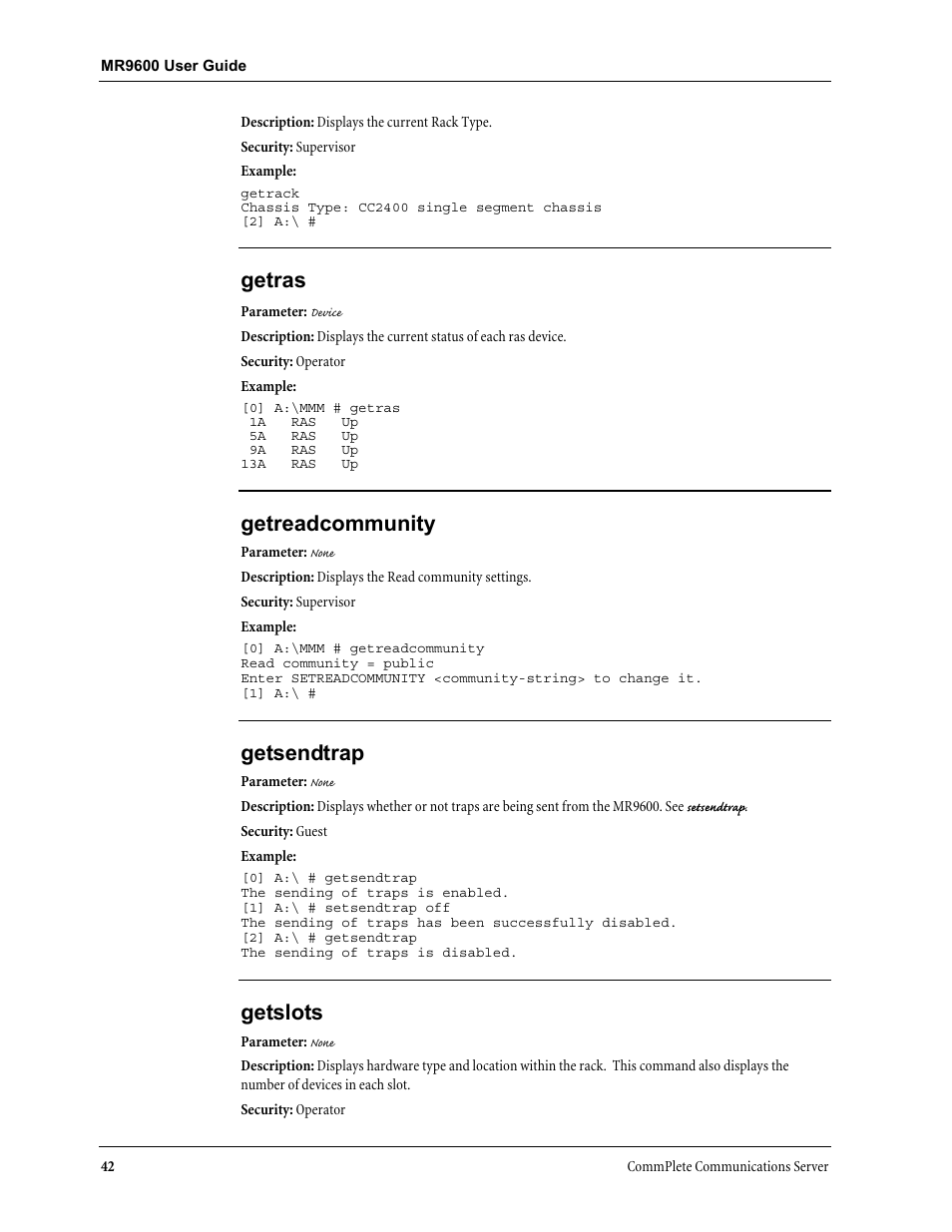 Getras, Getreadcommunity, Getsendtrap | Getslots | Multi-Tech Systems MR9600 User Manual | Page 50 / 86