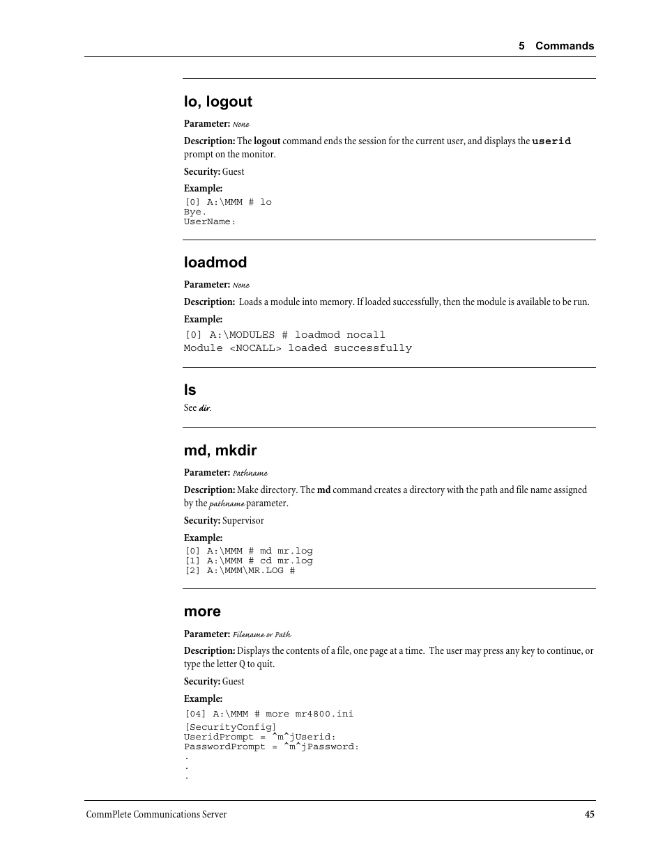 Lo, logout, Loadmod, Md, mkdir | More | Multi-Tech Systems MR9600 User Manual | Page 53 / 86