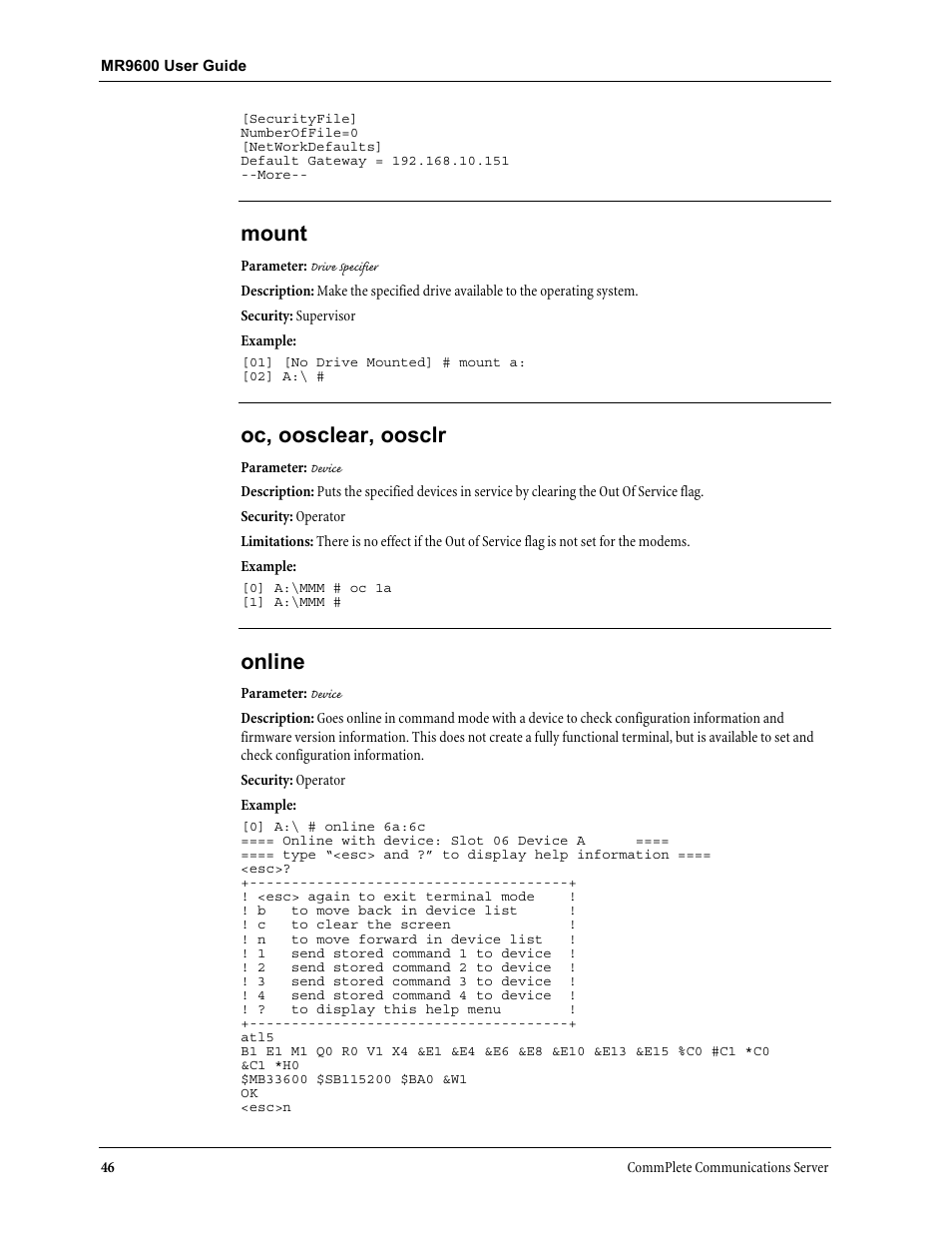 Mount, Oc, oosclear, oosclr, Online | Multi-Tech Systems MR9600 User Manual | Page 54 / 86