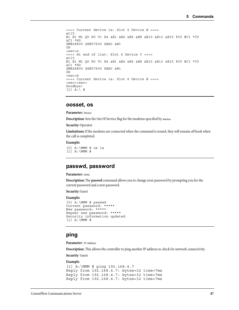 Oosset, os, Passwd, password, Ping | Multi-Tech Systems MR9600 User Manual | Page 55 / 86