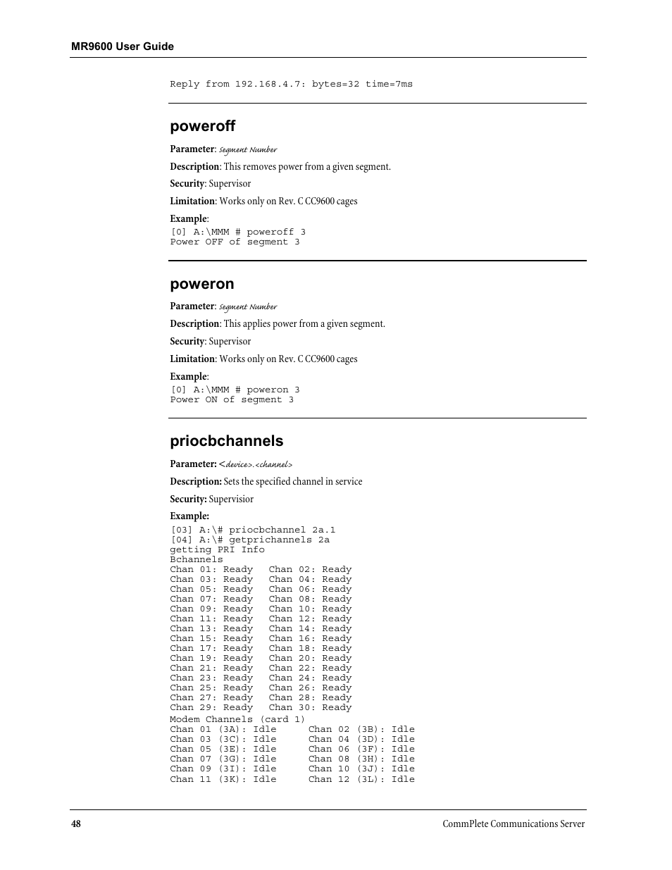 Poweroff, Poweron, Priocbchannels | Multi-Tech Systems MR9600 User Manual | Page 56 / 86