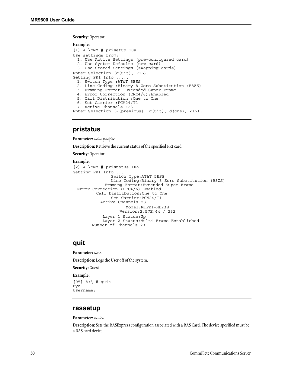 Pristatus, Quit, Rassetup | Multi-Tech Systems MR9600 User Manual | Page 58 / 86