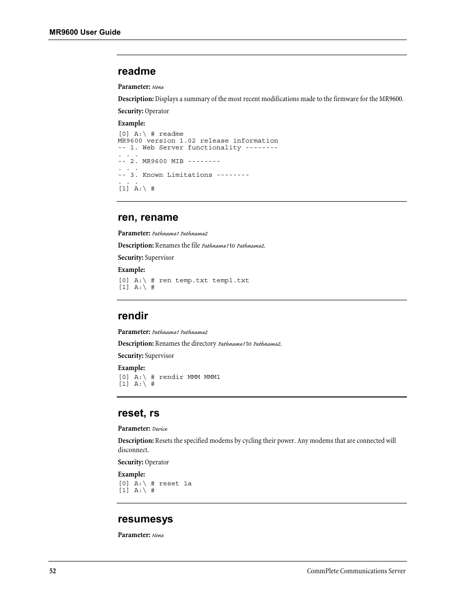 Readme, Ren, rename, Rendir | Reset, rs, Resumesys | Multi-Tech Systems MR9600 User Manual | Page 60 / 86