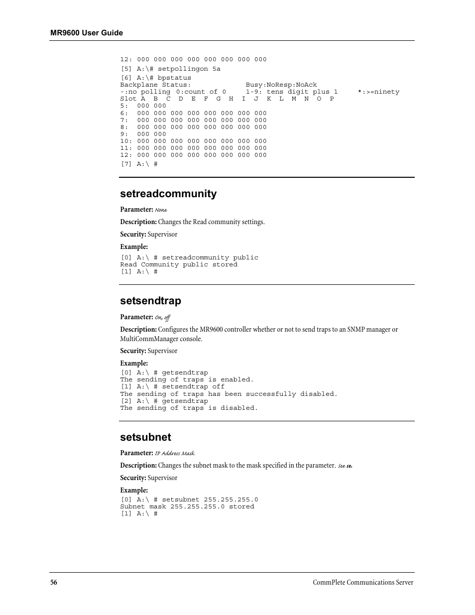 Setreadcommunity, Setsendtrap, Setsubnet | Multi-Tech Systems MR9600 User Manual | Page 64 / 86