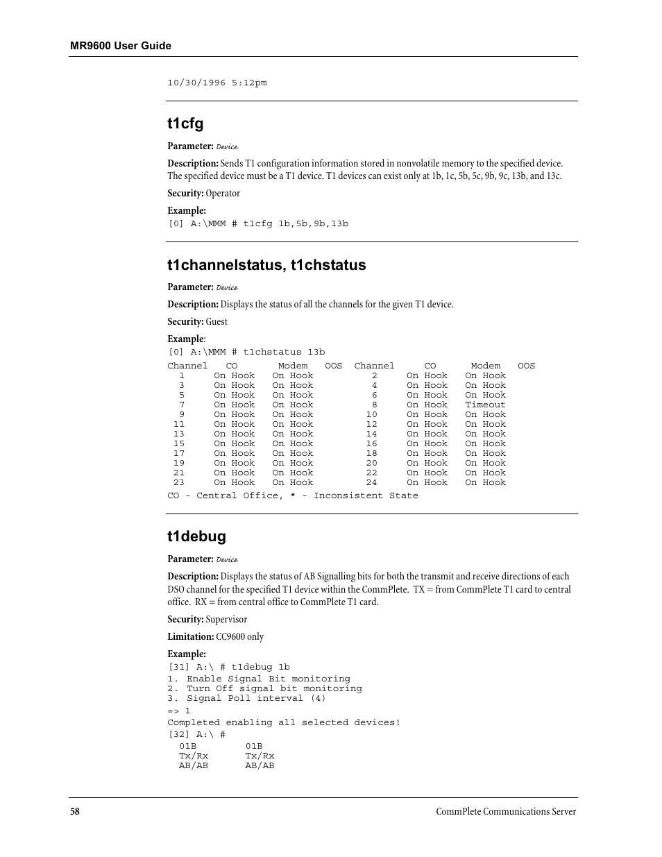 T1cfg, T1channelstatus, t1chstatus, T1debug | Multi-Tech Systems MR9600 User Manual | Page 66 / 86