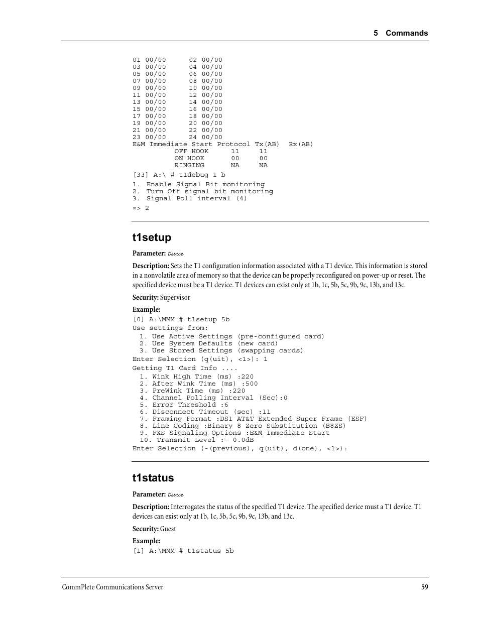 T1setup, T1status | Multi-Tech Systems MR9600 User Manual | Page 67 / 86