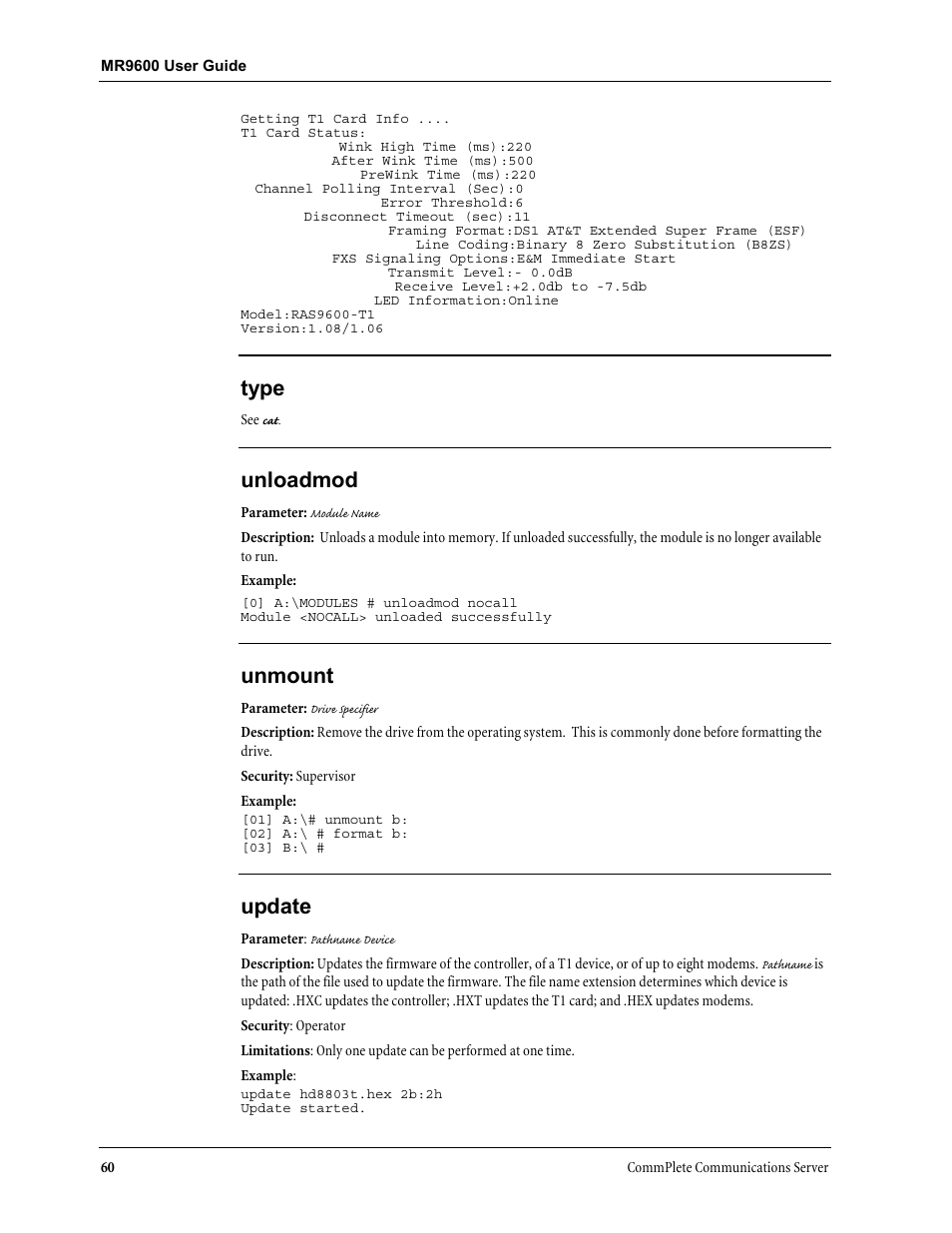 Type, Unloadmod, Unmount | Update | Multi-Tech Systems MR9600 User Manual | Page 68 / 86