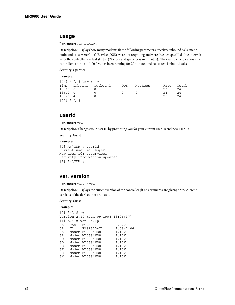 Usage, Userid, Ver, version | Multi-Tech Systems MR9600 User Manual | Page 70 / 86