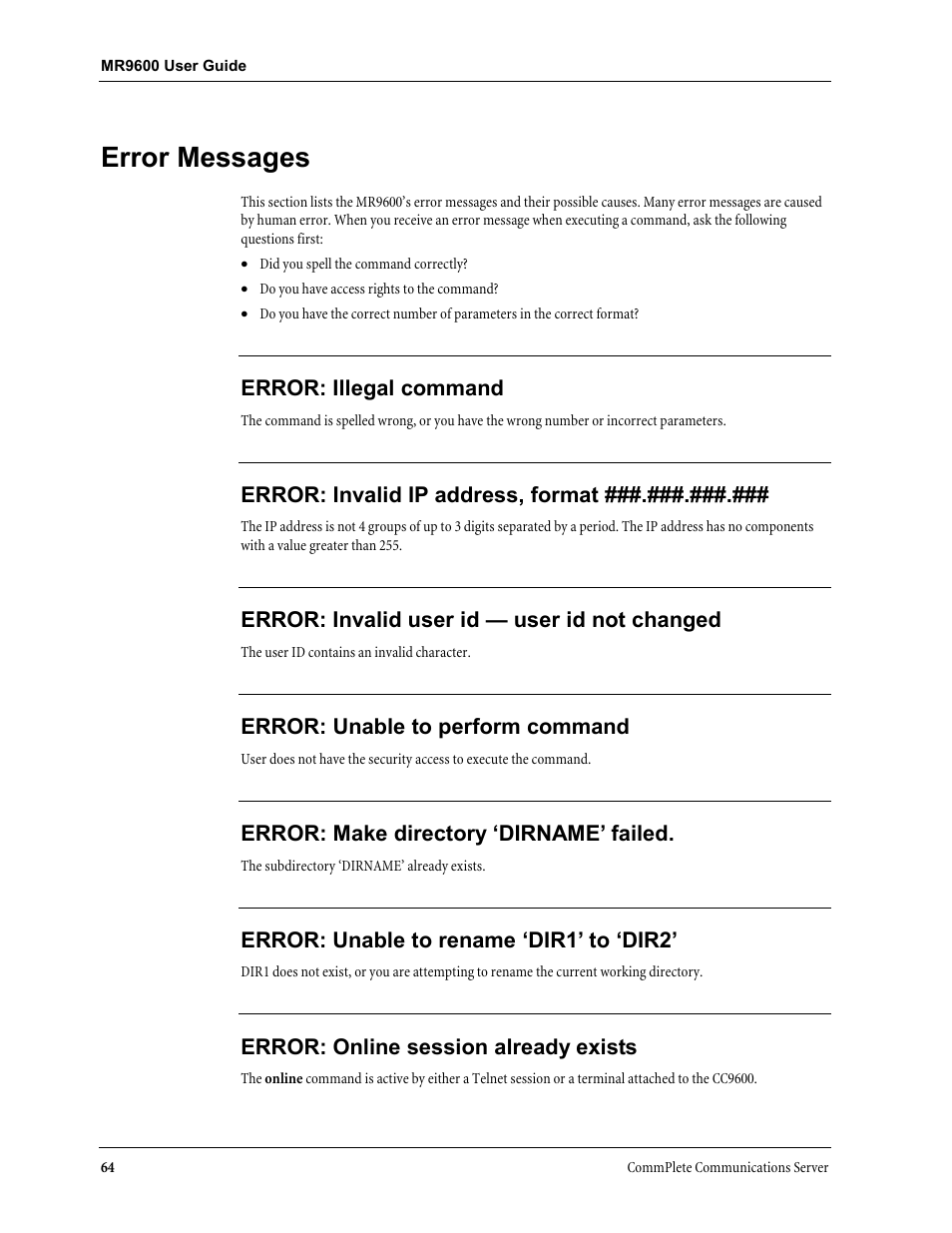 Error messages | Multi-Tech Systems MR9600 User Manual | Page 72 / 86