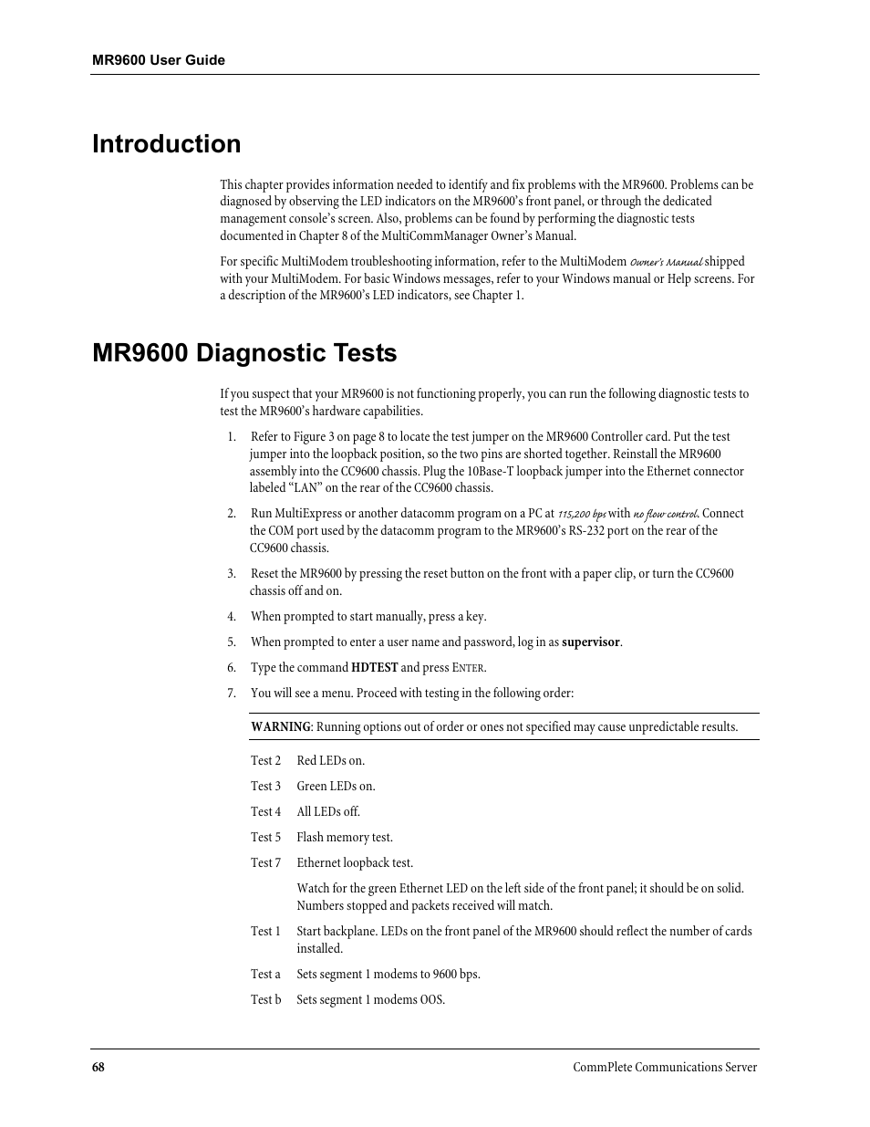 Introduction, Mr9600 diagnostic tests | Multi-Tech Systems MR9600 User Manual | Page 76 / 86