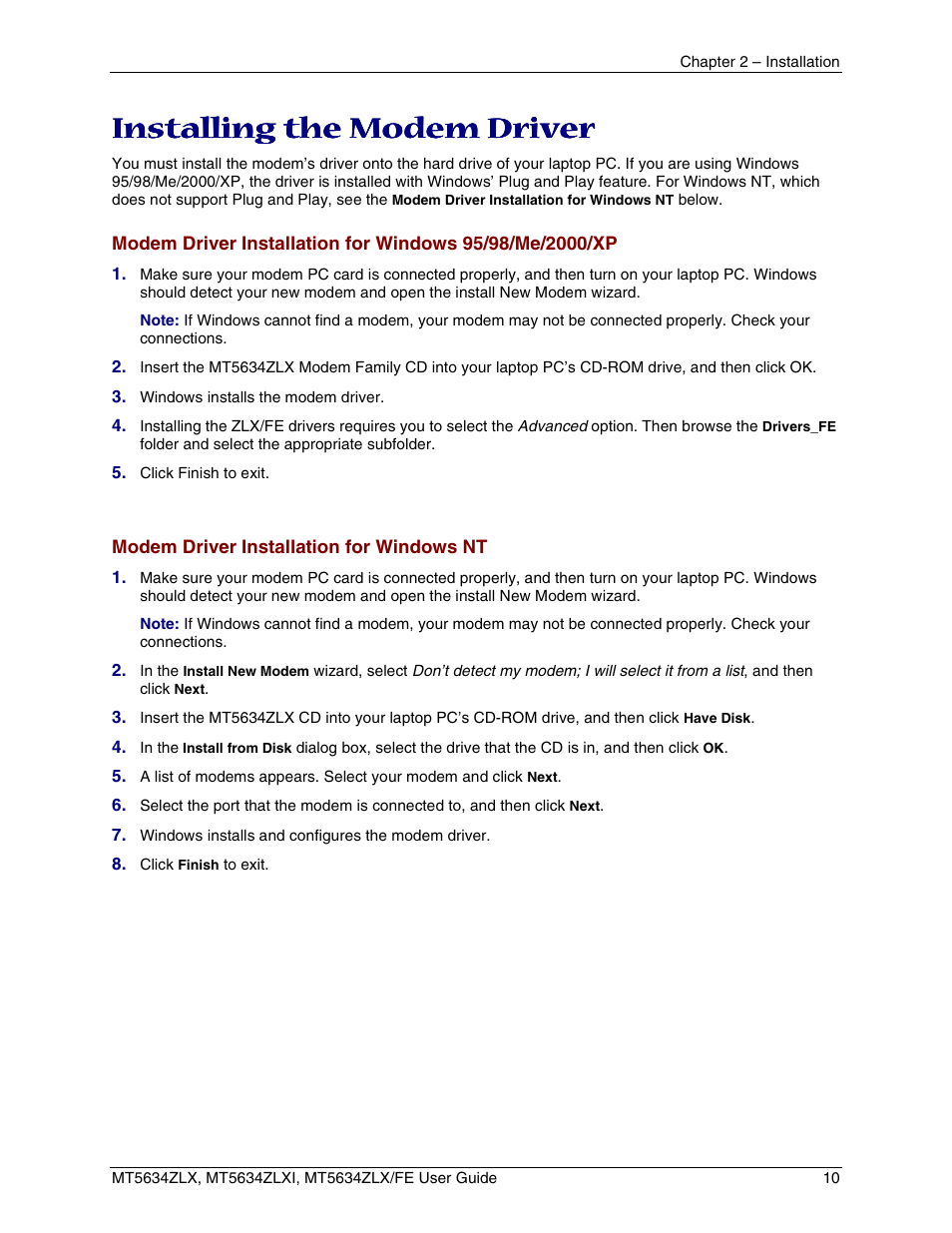 Installing the modem driver, Nstalling, Ommunication | Oftware | Multi-Tech Systems MT5634ZLXFE User Manual | Page 10 / 43