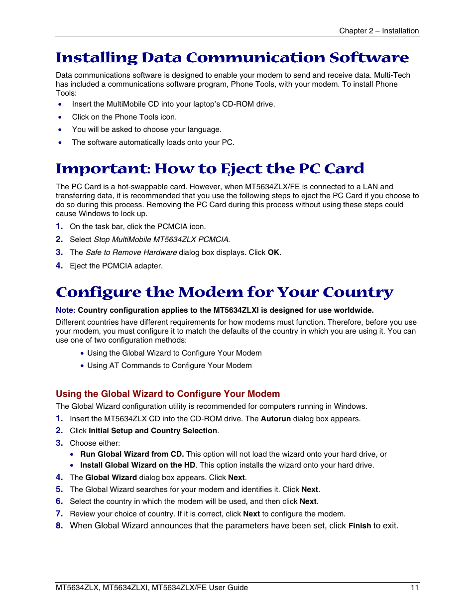 Installing data communication software, Important: how to eject the pc card, Configure the modem for your country | Mportant, Ow to, Ject the, Pc c, Onfigure the, Odem for, Ountry | Multi-Tech Systems MT5634ZLXFE User Manual | Page 11 / 43