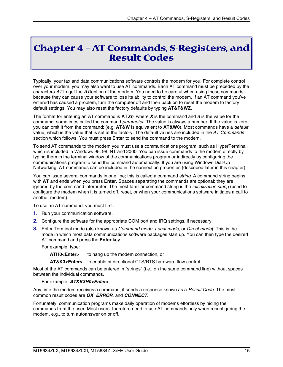 At c, Chapter 4 – at commands, s-registers, and | Multi-Tech Systems MT5634ZLXFE User Manual | Page 15 / 43