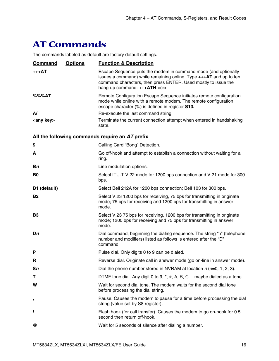 At commands, Egisters | Multi-Tech Systems MT5634ZLXFE User Manual | Page 16 / 43