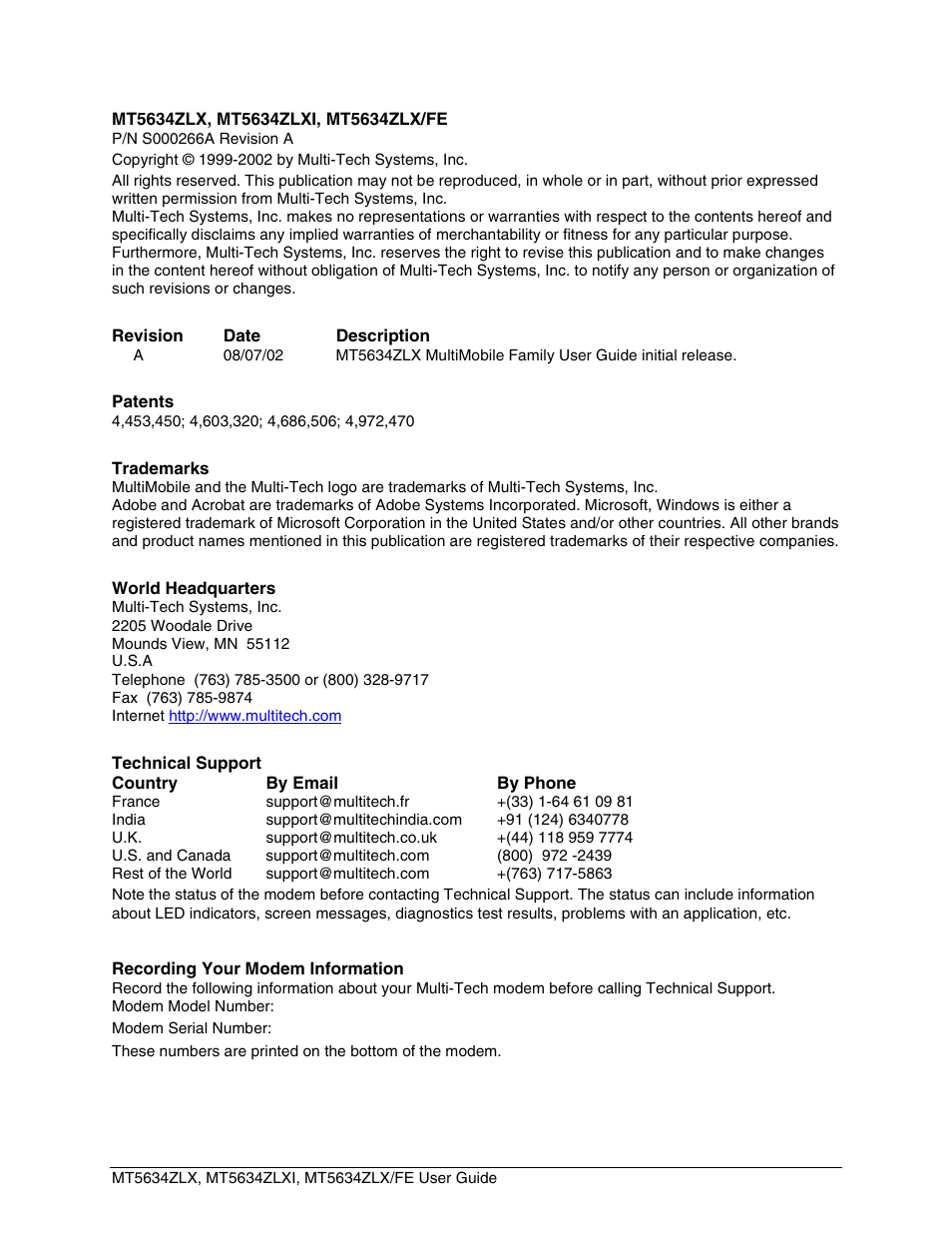 Multi-Tech Systems MT5634ZLXFE User Manual | Page 2 / 43