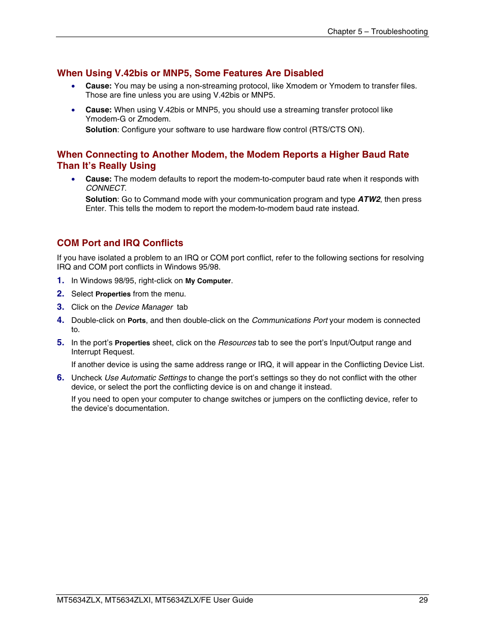 Com port and irq conflicts | Multi-Tech Systems MT5634ZLXFE User Manual | Page 29 / 43