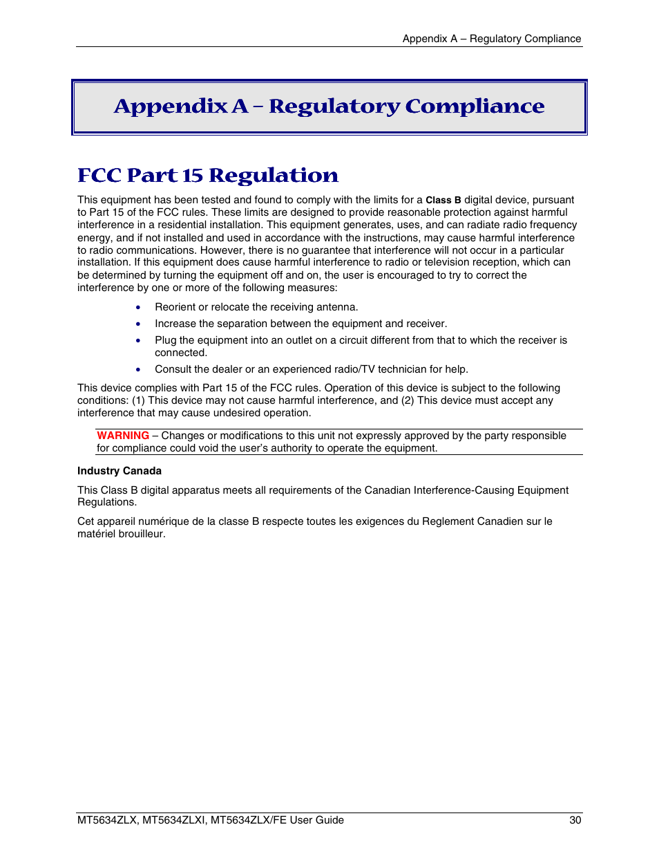 Appendix a – regulatory compliance, Fcc part 15 regulation, Fcc p | 15 r, 68 t, Elecom | Multi-Tech Systems MT5634ZLXFE User Manual | Page 30 / 43