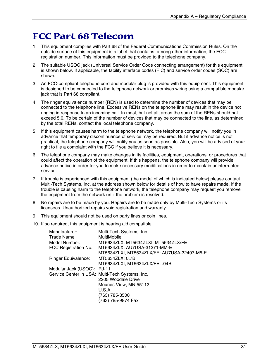 Fcc part 68 telecom, Anadian, Imitations | Otice | Multi-Tech Systems MT5634ZLXFE User Manual | Page 31 / 43