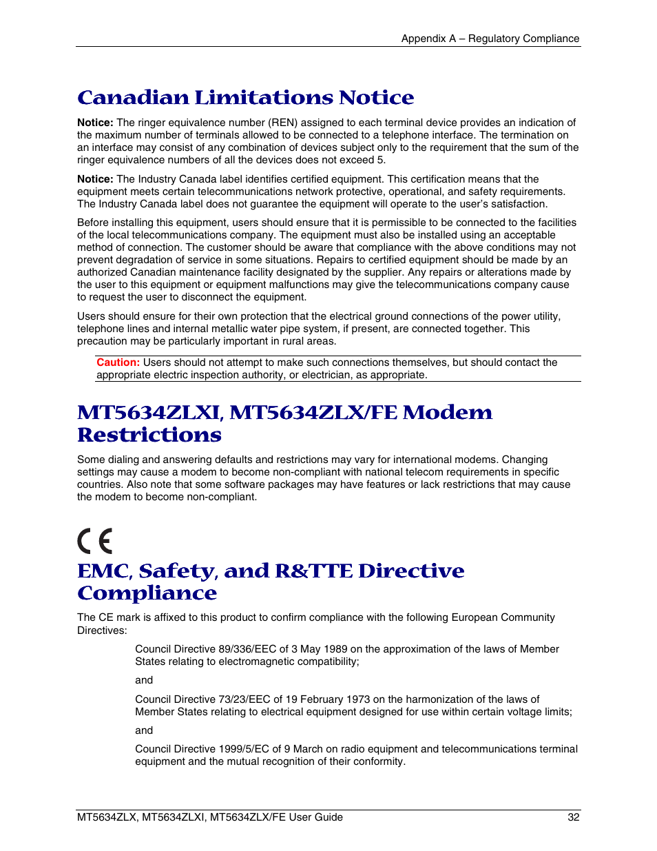 Canadian limitations notice, Mt5634zlxi, mt5634zlx/fe modem restrictions, Emc, safety, and r&tte directive compliance | Mt5634zlxi, mt5634zlx/fe m, Odem, Estrictions, Emc, s, Afety, R&tte d, Irective | Multi-Tech Systems MT5634ZLXFE User Manual | Page 32 / 43