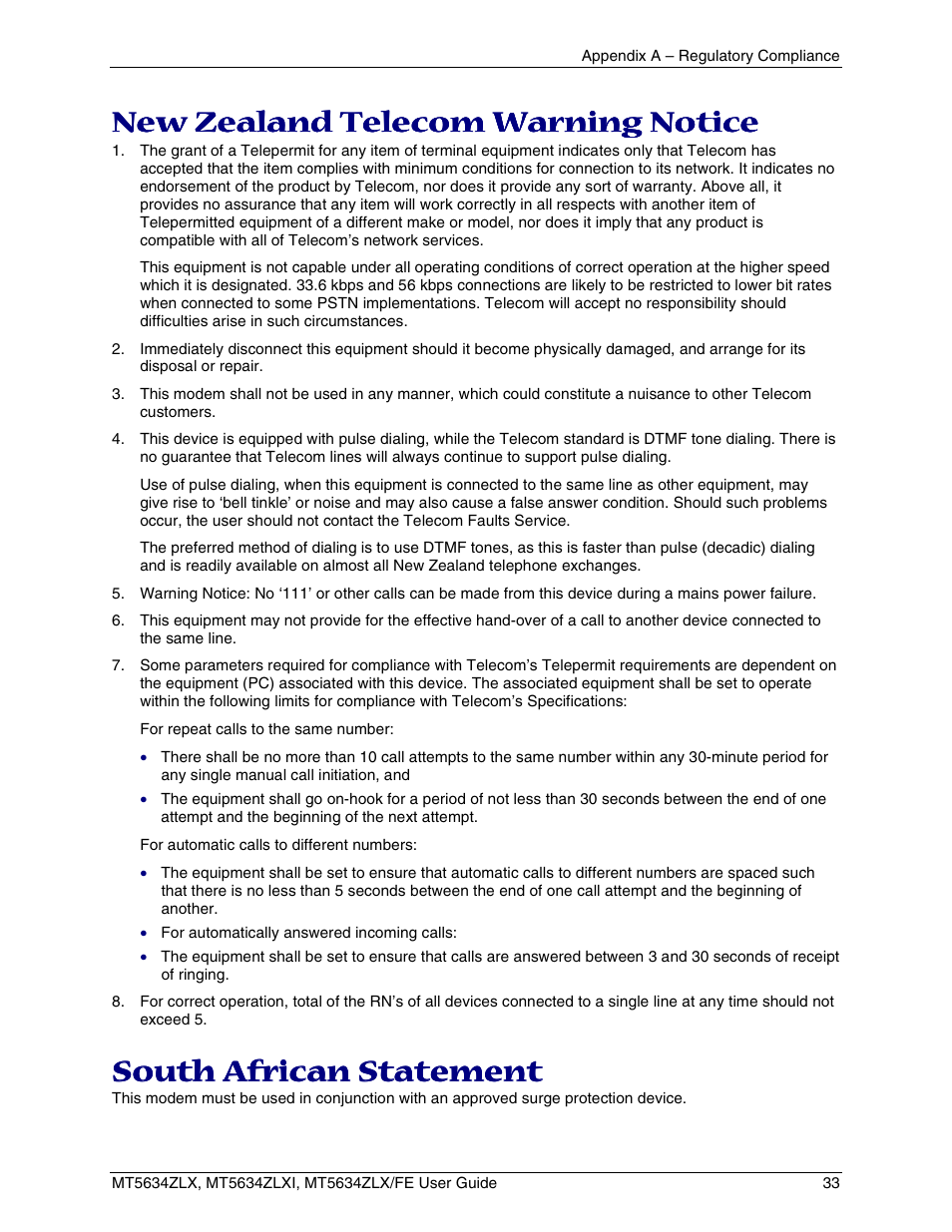 New zealand telecom warning notice, South african statement, Outh | Frican, Tatement, Appendix b – global wizard | Multi-Tech Systems MT5634ZLXFE User Manual | Page 33 / 43