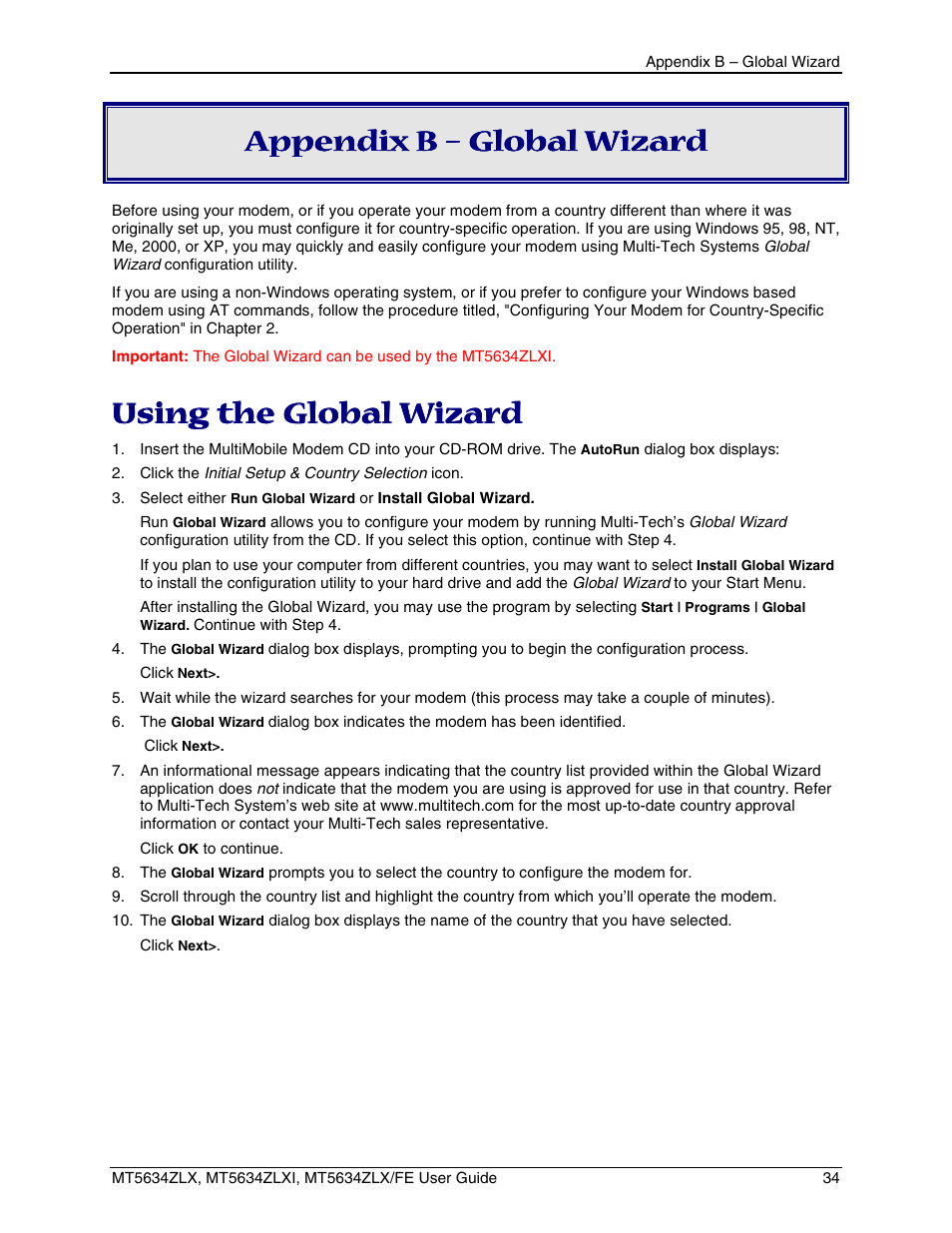 Appendix b – global wizard, Using the global wizard, Appendix c – flash wizard | Multi-Tech Systems MT5634ZLXFE User Manual | Page 34 / 43